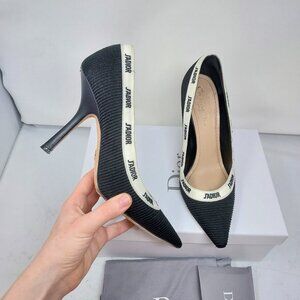 Dior J'adior Jadior Black White Ribbon Logo Embroidered Cotton Heel Pump